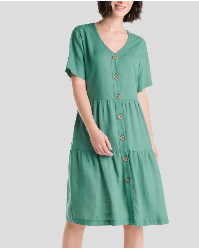 Mujer con Vestido corto de verano verde abotonado sin cuello  y manga corta.