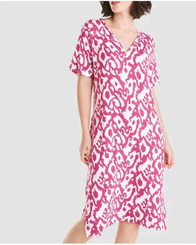 Women's short swimsuit in fuchsia printed viscose with open neckline