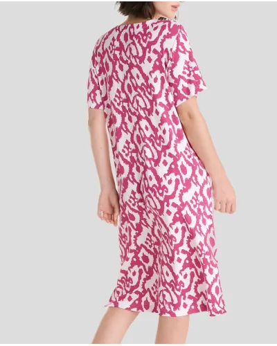 Women's short swimsuit in fuchsia printed viscose with open neckline