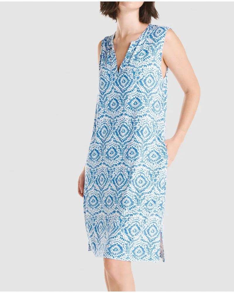 Woman in short blue sleeveless dress, special swimwear fashion