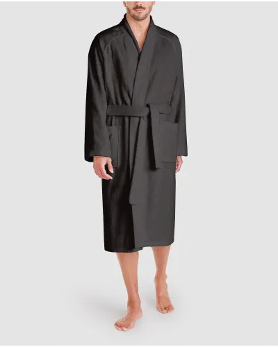 Men's unisex dark grey cotton bathrobe with plaston pocket and belt