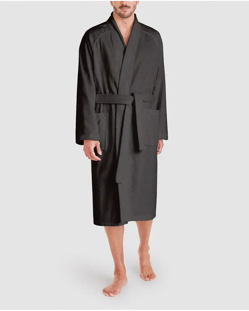 Men's unisex dark grey cotton bathrobe with plaston pocket and belt