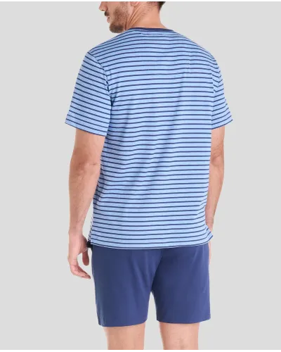 Man wearing blue striped summer pyjama shorts and matching shorts