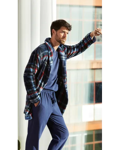 Long men's pyjamas for winter in warm navy fabric with a V-neck.