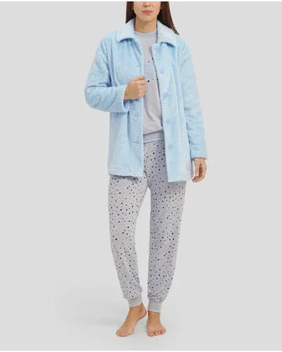 Women's three-piece winter set with jacquard buttoned jacket and long pyjamas with cuffs