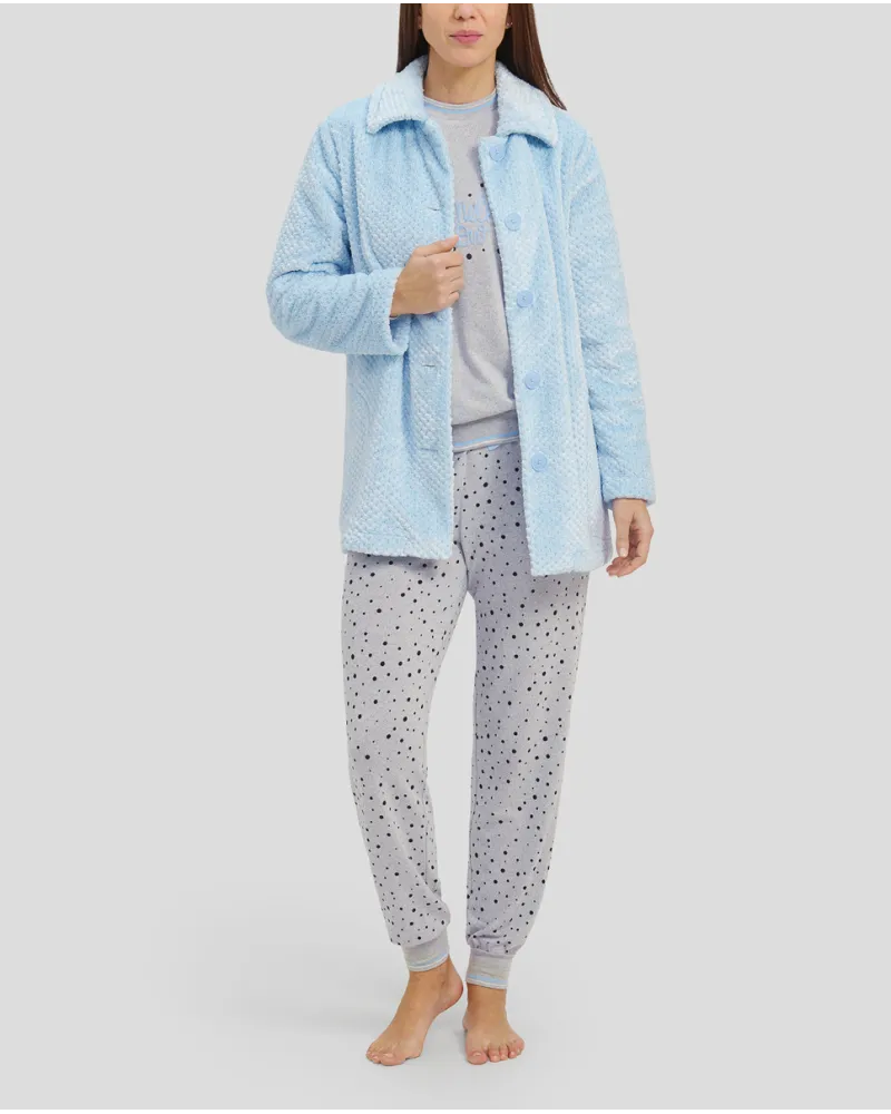 Women's three-piece winter set with jacquard buttoned jacket and long pyjamas with cuffs