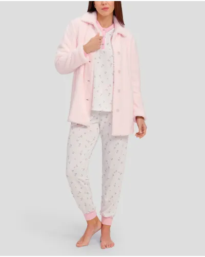 Woman with pink hearts winter pyjama set and light blue teddy coat with button fastening