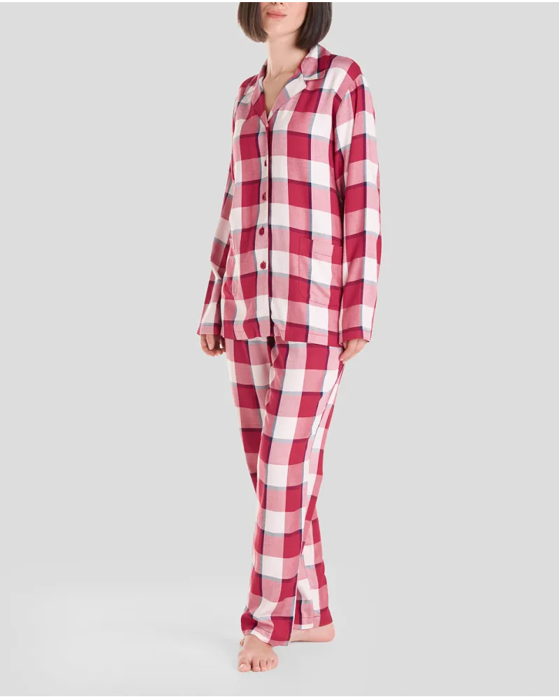 Women's long winter pyjamas with red check print shirt pyjamas