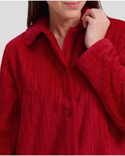 Women's open short winter dressing gown in red jacquard with pockets