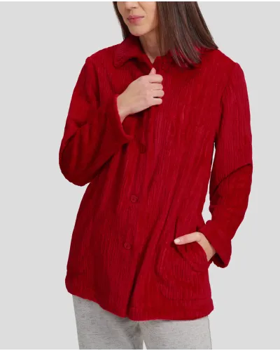 Women's open short winter dressing gown in red jacquard with pockets
