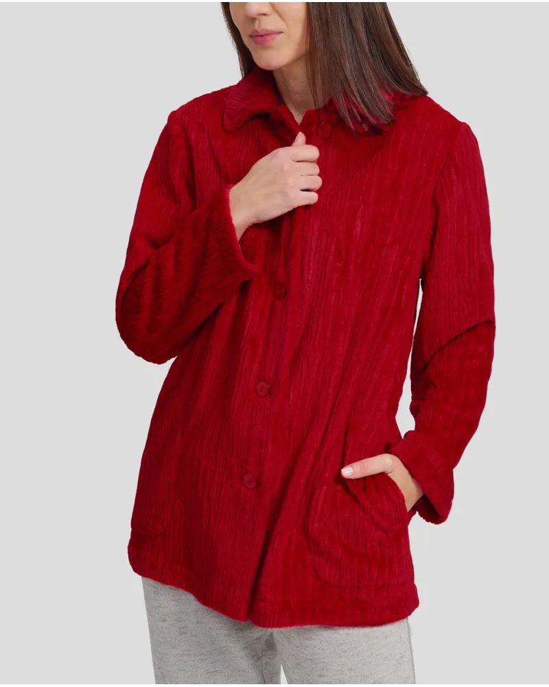 Women's open short winter dressing gown in red jacquard with pockets
