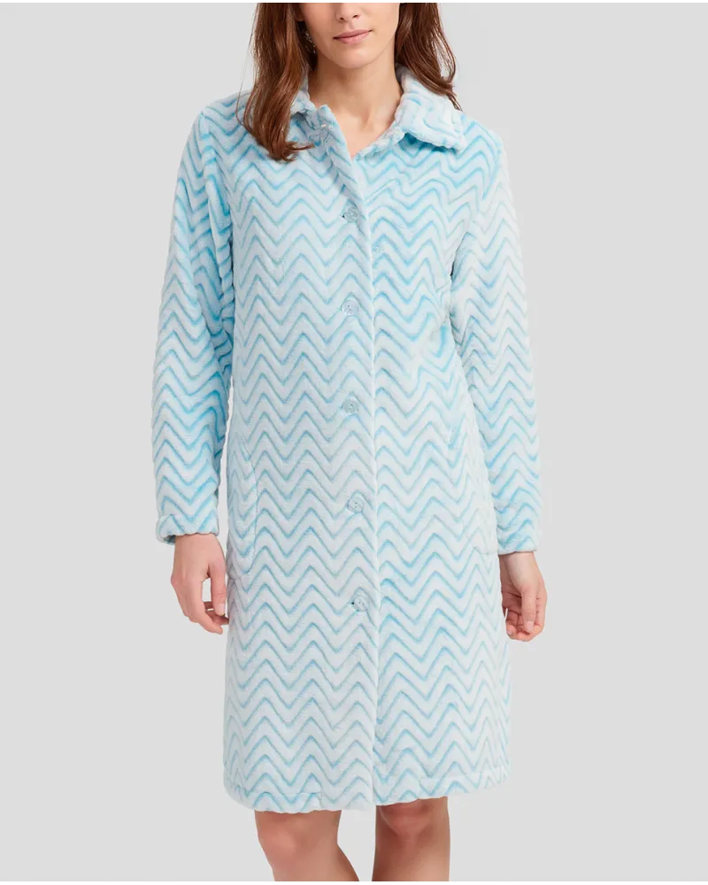 Women's long open winter coat with buttons and side pockets in light blue Zig Zag jacquard.