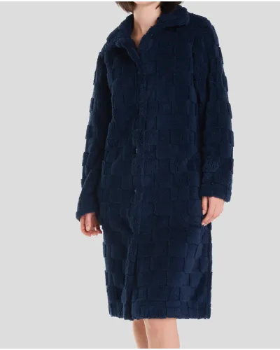 Woman in navy checkered jacquard winter long coat