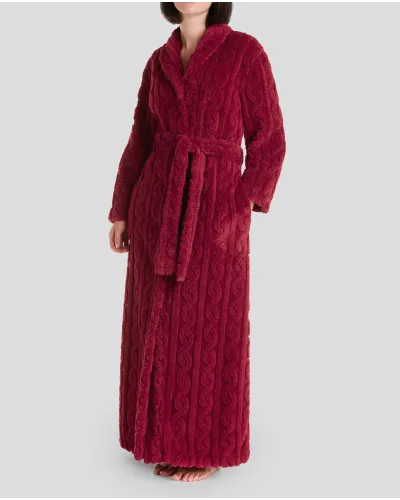 Women's long coat, open braid jacquard with buttons and belt, side pockets.