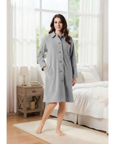 Women's grey herringbone woven long dressing gown with side pockets.