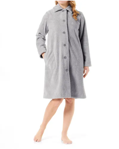 Women's grey herringbone woven long dressing gown with side pockets.