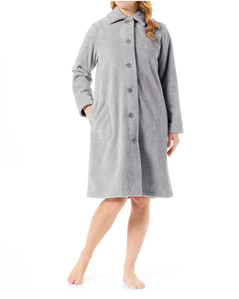 Women's grey herringbone woven long dressing gown with side pockets.