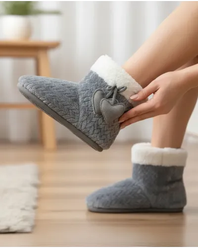 ✅ Women's grey jacquard house boots with ivory sheepskin lining | LOHE ®