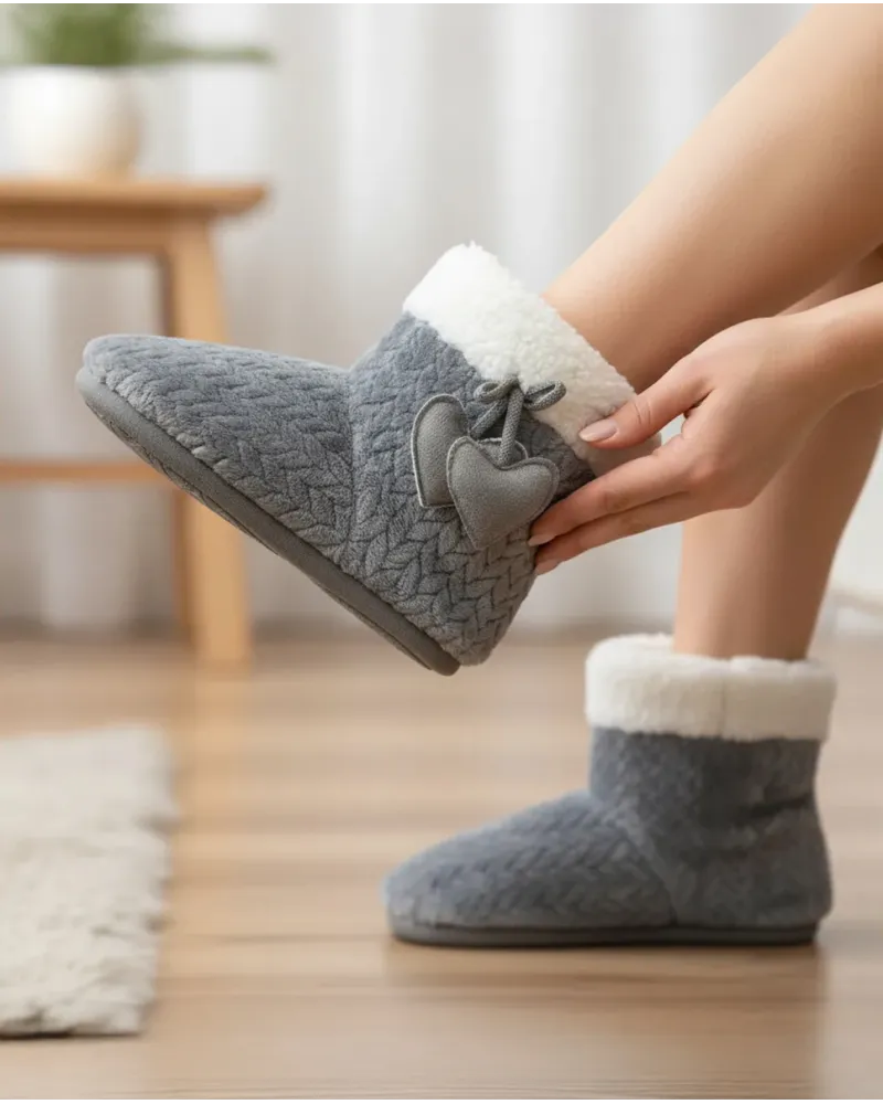 ✅ Women's grey jacquard house boots with ivory sheepskin lining | LOHE ®