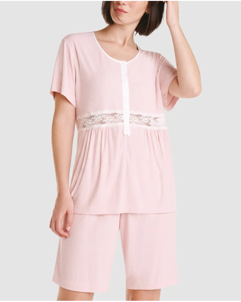 Women's lingerie pyjama shorts in pink ribbed with lace, short sleeves and shorts