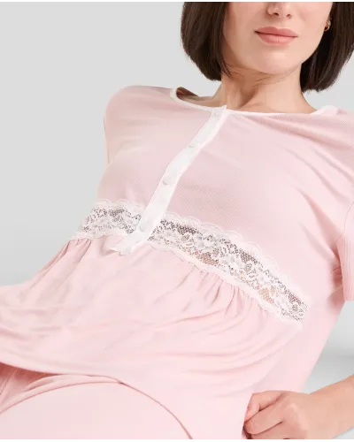 Women's lingerie pyjama shorts in pink ribbed with lace, short sleeves and shorts
