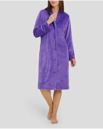 Women's purple velvet winter long dressing gown, buttoned with pockets
