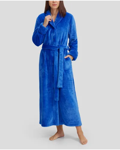 Women's long flannel double-breasted coat with royal blue belt and cuffs.