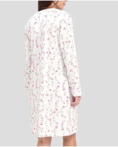 Women's winter nightgown with pink flowers and lace collar