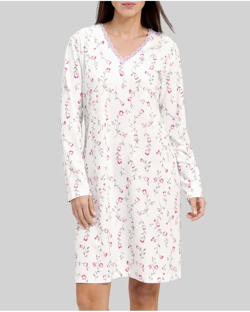 Women's winter nightgown with pink flowers and lace collar