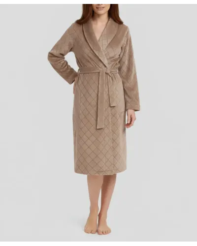 Woman in long winter dinner jacket gown with diamond weave fabric