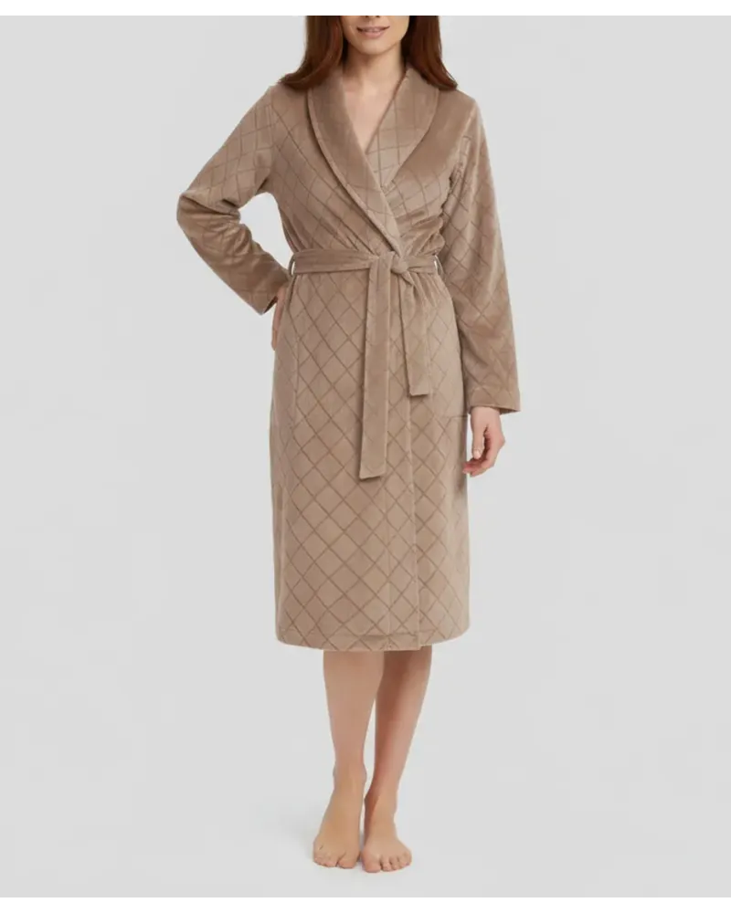 Woman in long winter dinner jacket gown with diamond weave fabric