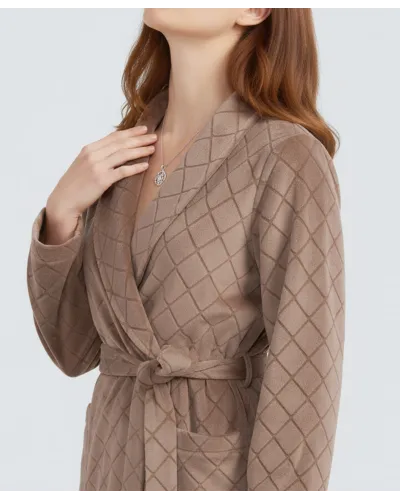 Woman in long winter dinner jacket gown with diamond weave fabric