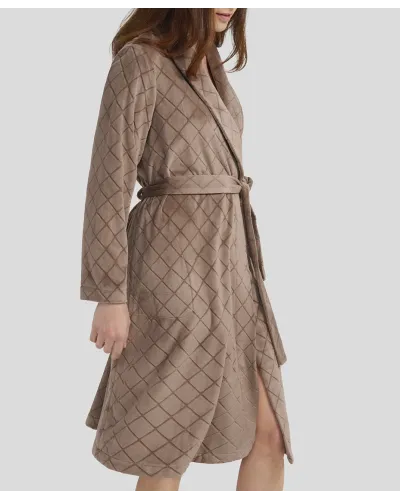 Woman in long winter dinner jacket gown with diamond weave fabric