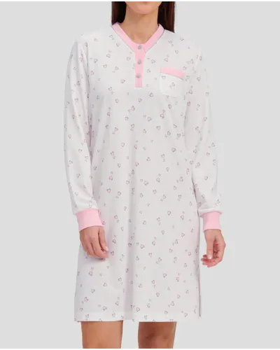 Women's winter nightdress, long sleeves, buttoned collar, pink hearts print