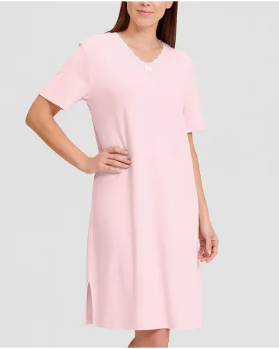 Woman in pink short sleeve lingerie nightdress