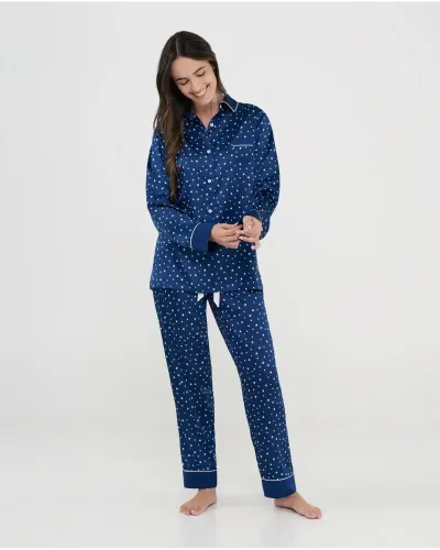 Pijama navidad Mujer estilo camisero azul marino con estrellitas blancas