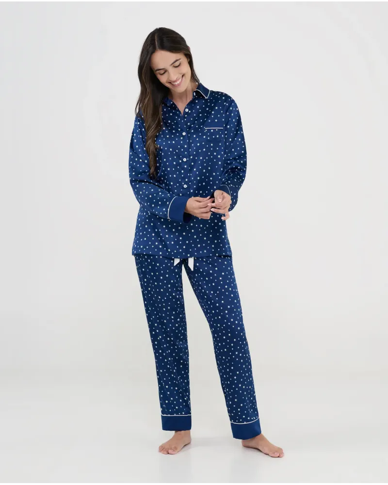 Women's navy blue shirt-style Christmas pyjamas with white stars