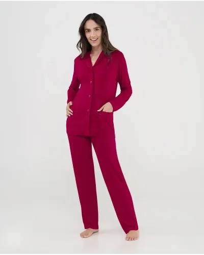 Pijama camisero mujer manga larga abotonado color granate para el invierno