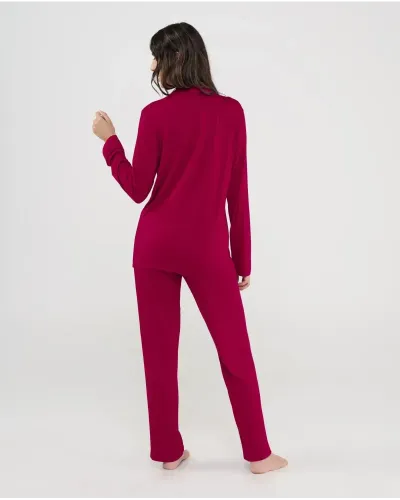 Women's long-sleeved button-down shirt pyjamas in maroon for winter