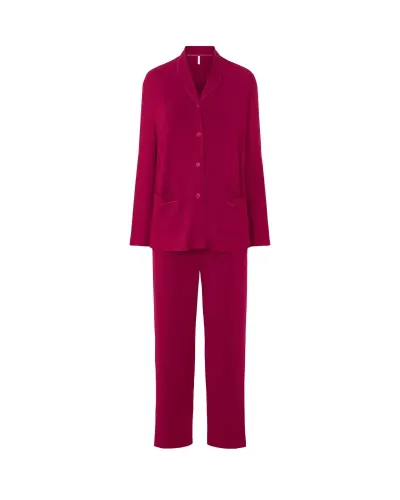 Women's long-sleeved button-down shirt pyjamas in maroon for winter
