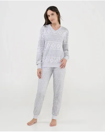 Women's long winter pyjamas in grey with snowflake print
