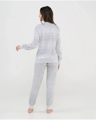 Women's long winter pyjamas in grey with snowflake print