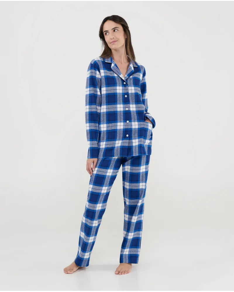 Women's blue checked shirt pyjamas, front design with buttons and patch pockets.