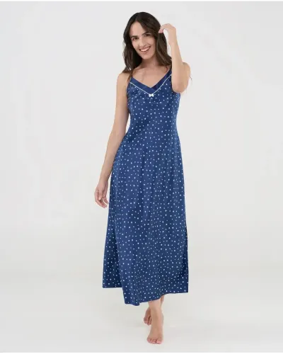 Luxury long satin nightgown with star print, delicate adjustable straps, and an elegant V-neck with a subtle decorative bow.