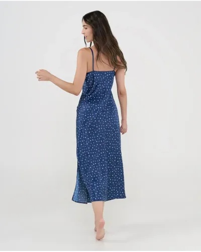 Luxury long satin nightgown with star print, delicate adjustable straps, and an elegant V-neck with a subtle decorative bow.