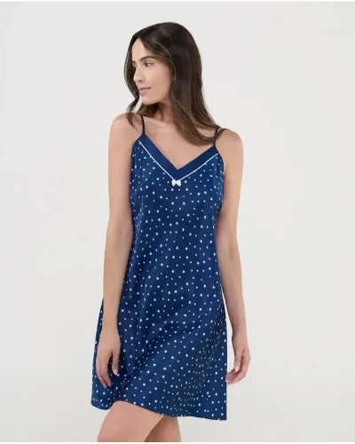 Front view of luxurious satin star print nightgown with delicate V-neck and adjustable straps.