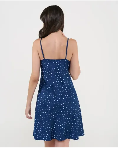 Front view of luxurious satin star print nightgown with delicate V-neck and adjustable straps.