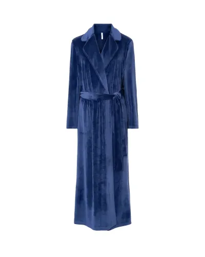 Long navy velvet robe for women, crossover design with elegant tuxedo collar and belt.