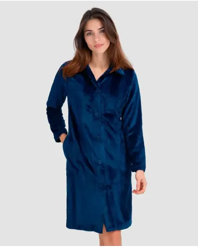 Women's long navy jacquard dressing gown with front buttons, long sleeves and pockets