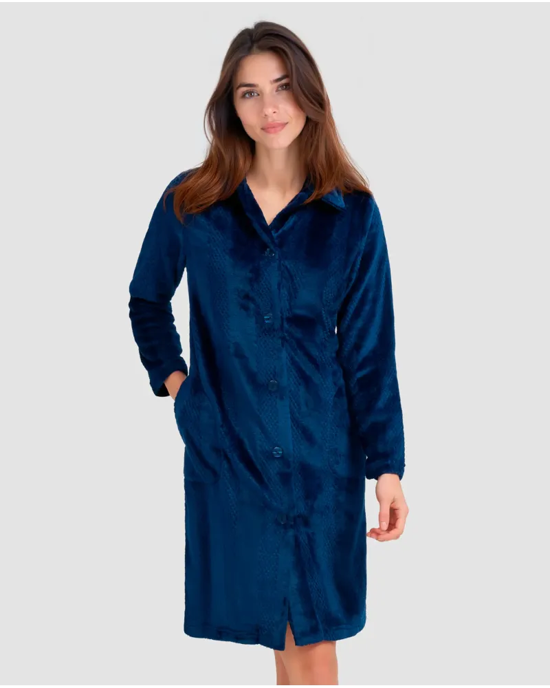 Women's long navy jacquard dressing gown with front buttons, long sleeves and pockets